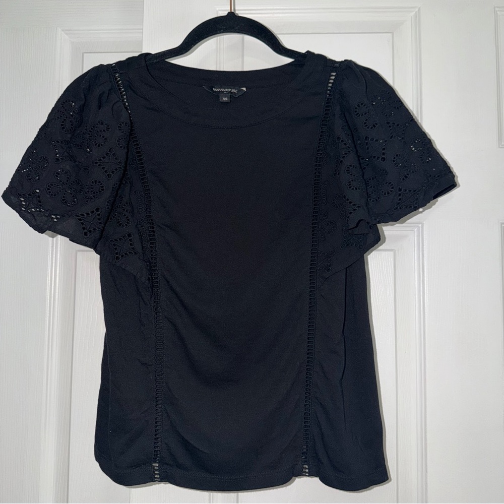 Banana Republic Black Eyelet Flutter Sleeve Top